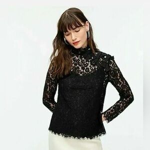 NWT J. CREW WOMEN'S MOCK NECK TOP IN FLORAL BLACK LACE RIBBONS TOP BLOUSE H2306